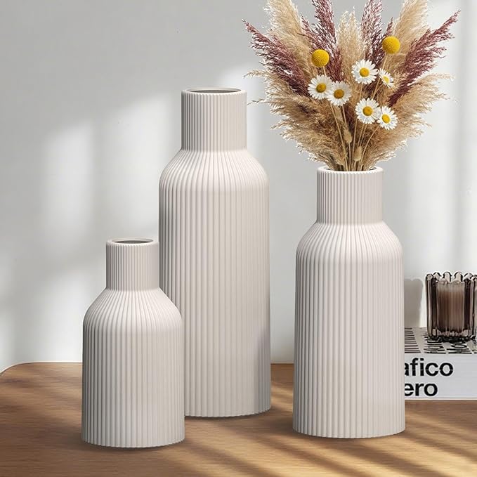 White Ceramic Vases Set of 3 - Modern Matte Ribbed Vases for Pampas Grass & Dried Flowers - Minimalist Decorative Centerpieces for Living Room, Shelf, Entryway & Wedding (Not for Water)