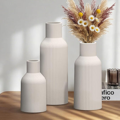 White Ceramic Vases Set of 3 - Modern Matte Ribbed Vases for Pampas Grass & Dried Flowers - Minimalist Decorative Centerpieces for Living Room, Shelf, Entryway & Wedding (Not for Water)