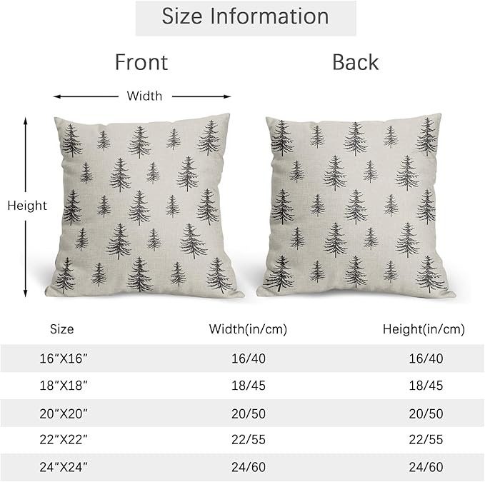 Christmas Tree Pillow Covers 24x24 Set of 2 Black Xmas Vintage Winter Print Decorative Outdoor Linen Zipper Throw Pillows Cases Cushion Cover Rustic Holiday Decoration Farmhouse Sofa Couch Bed Decor