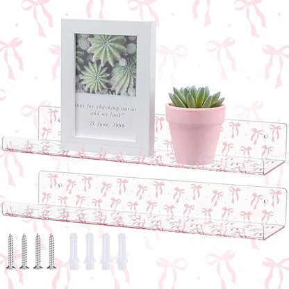 Honeydak 2 Pcs Pink Bow Acrylic Floating Shelves 15 Inch Coquette Acrylic Wall Shelves Pink Bow Display Wall Mounted Bookshelf for Bathroom Bedroom Living Room Kitchen Room Decor