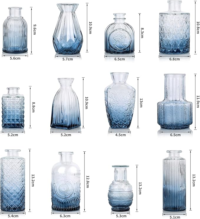 Bud Vases Set of 12, Small Mini Glass Vases for Centerpieces - Elegant Vintage Style - Perfect for Table Decor, Wedding, Party Centerpieces - Great Gift for Home Decor Lovers (Ombre Blue)