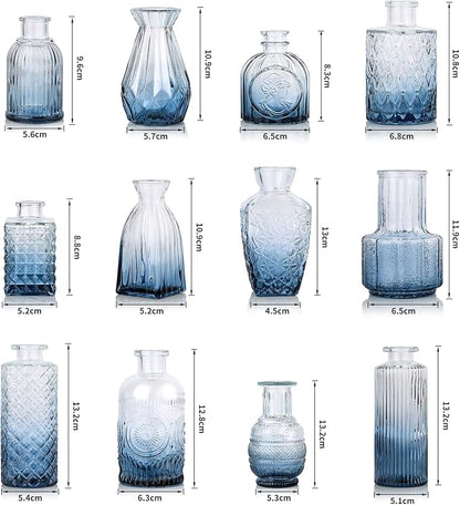 Bud Vases Set of 12, Small Mini Glass Vases for Centerpieces - Elegant Vintage Style - Perfect for Table Decor, Wedding, Party Centerpieces - Great Gift for Home Decor Lovers (Ombre Blue)