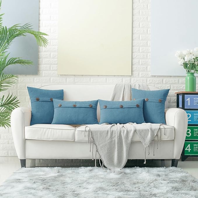HWY 50 Smoke Blue Chenille Throw Pillow Covers 18x18 Inch with Triple Buttons, Soft Farmhouse Accent Decorative Cushion Cases for Couch Sofa Bed Living Room Bedroom Pack of 2