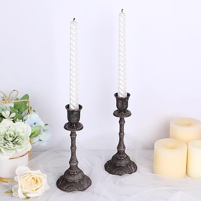 OwnMy Set of 2 Vintage Taper Candle Holders Tall Metal Taper Candlestick Holders, Elegant Taper Candle Stands Red Bronze Taper Candelabra Set for Dining Table Centerpieces Wedding Candlestick Decors