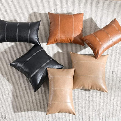Fancy Homi 2 Packs Boho Brown Waterproof Faux Leather Decorative Throw Pillow Covers 18x18 Inch for Outdoor Couch Bed Sofa, Hand Stitched Accent Square Cushion Case, Rustic Modern Farmhouse Home Decor