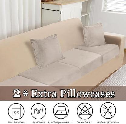 NAISI Sectional Couch Cover 3 Pieces Velvet Separate Couch Cushion Covers L Shape Soft Stretch Sofa Slipcovers with 2pcs Pillowcases for Left/Right Chaise Sectional Couch(2 Seater+1 Chaise,Taupe)