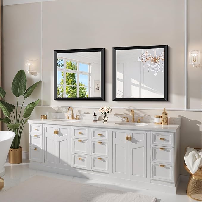 Black Bathroom Mirror 30 x 30 Inch Rectangle Wave Beveled Frame for Wall Bathroom Vanity Mirror for Over Sink, Tempered Glass,for Entryway Hangs, Bathroom Living Room Horizontal or Vertical