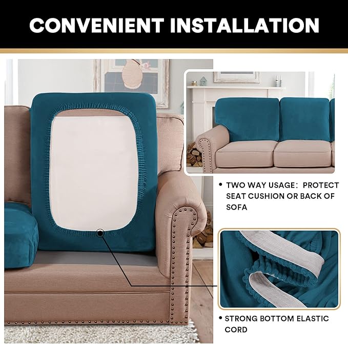 PrinceDeco Stretch Velvet Couch Cushion Covers, Soft Cushion Slipcover for Chair Loveseat Sofa Cushion Furniture Protector Seat Cushion Sofa Cover(Each Width Up to 29.5" Deep Teal)