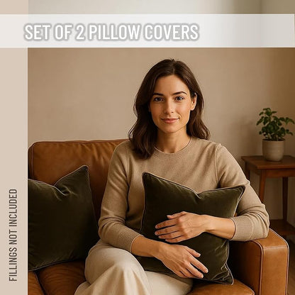2 Pack Polyester Decorative Throw Pillow Covers, 12"x20", Green and Camel, Solid, Modern, Contrast Piping, Indoor Use, Bedroom & Living Room