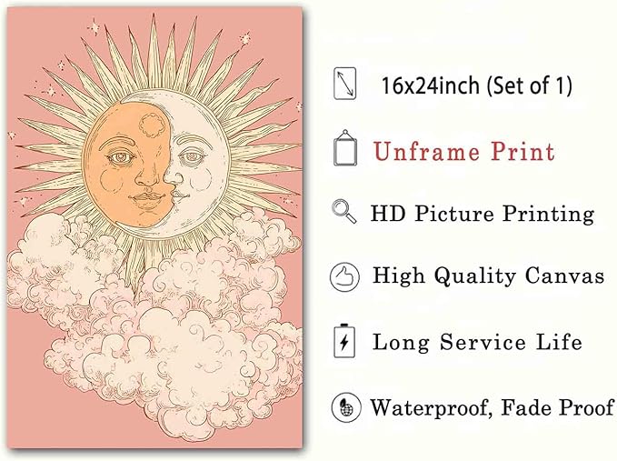 Sun And Moon Wall Art Celestial Canvas Tarot Poster Astrology Picture Sun And Moon Pictures Boho Aesthetic Canvas Mystical Astrology Painting Pink Aesthetics Abstract Room Decor 16x24inch No Frame