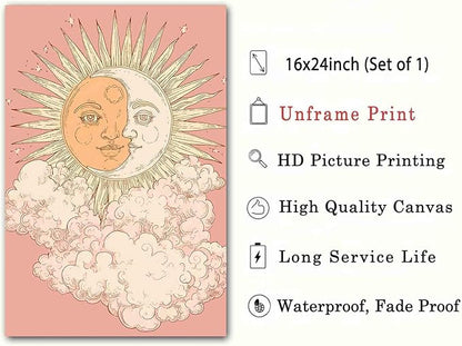 Sun And Moon Wall Art Celestial Canvas Tarot Poster Astrology Picture Sun And Moon Pictures Boho Aesthetic Canvas Mystical Astrology Painting Pink Aesthetics Abstract Room Decor 16x24inch No Frame