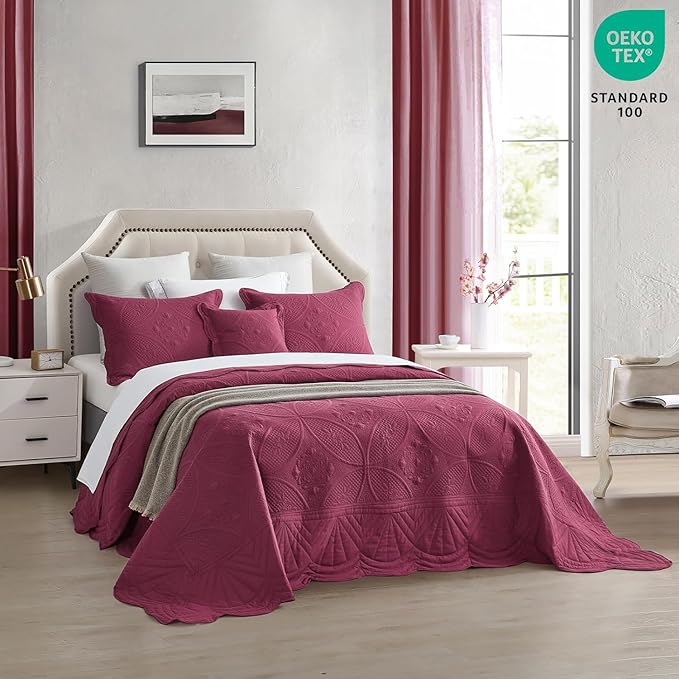 Oversized Bedspread - Queen Size Bedding Cover - Modern & Contemporary Coverlet Set, Real Stitching, Reversible, Lightweight, 4 Piece, Burgundy