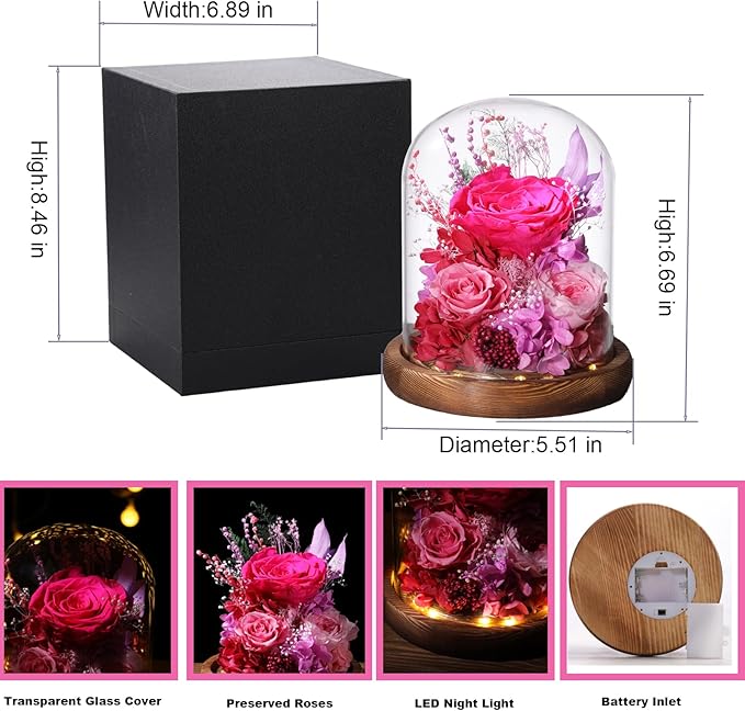 LOVENFOLD Flowers for Delivery Preserved Flowers with LED Light in a Glass Dome,Long Lasting Forever Roses Birthday Gifts for Women Daughter Mom Wife Friend（Reddish Rose）