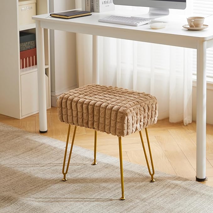 IBUYKE Rectangular Footrest Stool Ottoman, Makeup Vanity Stool Side Table, Velvet Dressing Table Seat, Footstool Chair, Golden Steel Legs, for Makeup Room, Bedroom, Square Grid Pattern, Khaki WBD003K