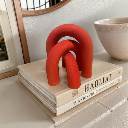 3Pcs Wood Arch Decor Accents - Home Book Table Decorative Rustic Arch Decor Modern Boho Minimalist Coffee Table Bookshelf Living Room Entryway Aesthetic Decorations Objects (Red)