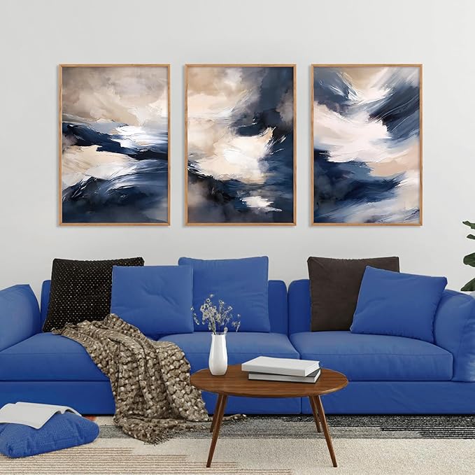 HLNIUC Blue Beige Abstract Wall Art Set of 3(24x36), Navy Brush Stroke Modern Art Decor, Earth Tone Minimalist Shape Framed Painting, Rust Dusty Neutral Prints for Living Room, Bedroom, Office