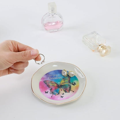 HOME SMILE I Love You Grandma Jewelry Ring Dish Tray with Dynamic Butterfly Pattern Shifts for Grandmother,Unique Mother's Day Gifts for Nana