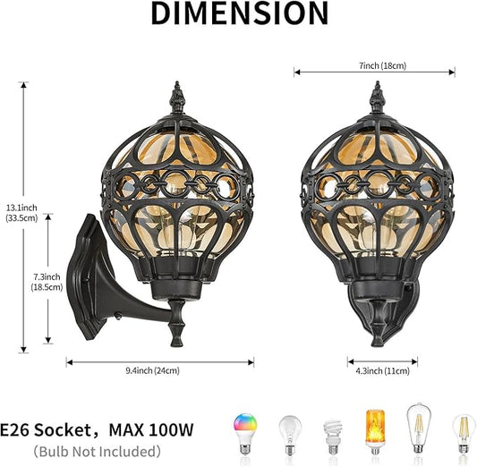 Dusk to Dawn Outdoor Wall Lights, Black Globe Aluminum Exterior House Lantern with Amber Glass, Anti-Rust Waterproof Outside Round Wall Lighting Fixtures for Patio Doorway Garage, 2 Pack