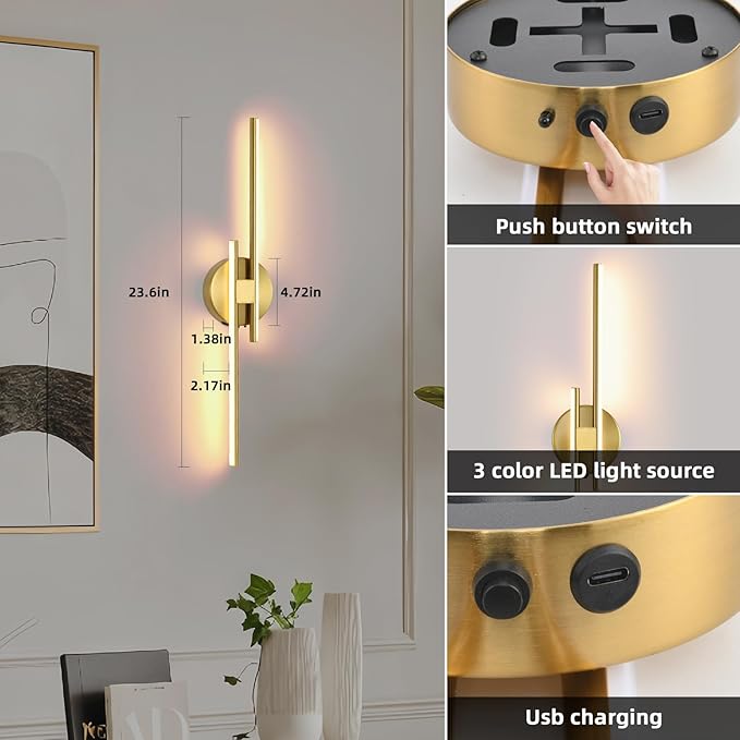Battery Operated Wall Sconce Set of 2,Gold 23.6" 3000K-6500K LED Dimmable Wall Sconces with Remote Control,Wireless Wall Light USB Rechargeable for Bedroom Hallway Living Room Background Wall Lighting