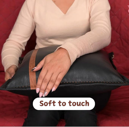 Genuine Lambskin Leather Pillow Cover, 22x22 Inch Case for Lumbar Throw Couch Pillows, Thick & Soft Cushion Covers for Sofa Bed Home Décor (Black & Tan Box Pack of 1)
