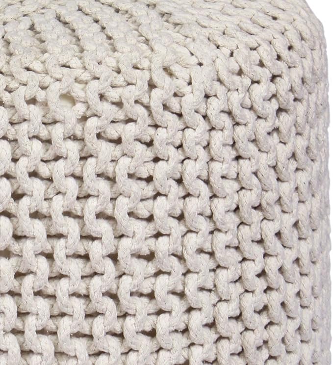 COTTON CRAFT Braided Round Pouf - Hand Knitted Cotton Cord Cable Dori Cylindrical Floor Pouf - Foot Stool - Ottoman - Footrest - Accent Seat - Living Room Bedroom Dorm Décor - 15 Round x 16 H - Ivory