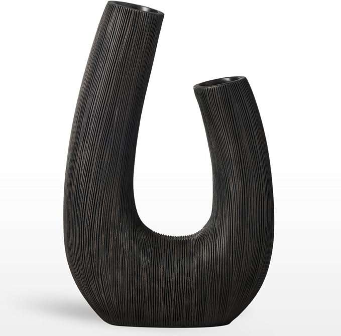 Torre & Tagus Black U Shaped Vase for Flowers - 12 Inch Tall Textured Vases for Centerpieces with 2 Openings, Sculptures Home Decor & Abstract Sculptures Home Decor for Shelf Decor Aesthetic (Alma)