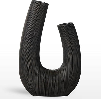 Torre & Tagus Black U Shaped Vase for Flowers - 12 Inch Tall Textured Vases for Centerpieces with 2 Openings, Sculptures Home Decor & Abstract Sculptures Home Decor for Shelf Decor Aesthetic (Alma)