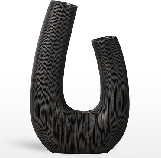 Torre & Tagus Black U Shaped Vase for Flowers - 12 Inch Tall Textured Vases for Centerpieces with 2 Openings, Sculptures Home Decor & Abstract Sculptures Home Decor for Shelf Decor Aesthetic (Alma)