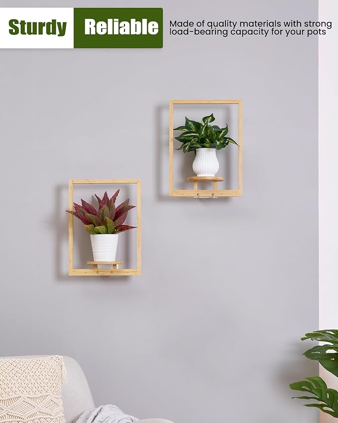 yadoker Wall Planters for Indoor Plants,Bamboo Hanging Plant Holders, Wall Decor Plant Stand, 2-Pack Window Plant Shelves for Living Room & Entryway