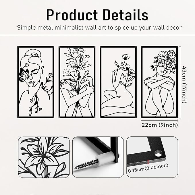 Bakovity Black Metal Wall Art, Abstract Woman Wall Decor, Minimalist Flower Line Decor, Modern Aesthetic Metal Wall Art for Bedroom Bathroom Living Room (4 Pcs, 17 x 9 in)