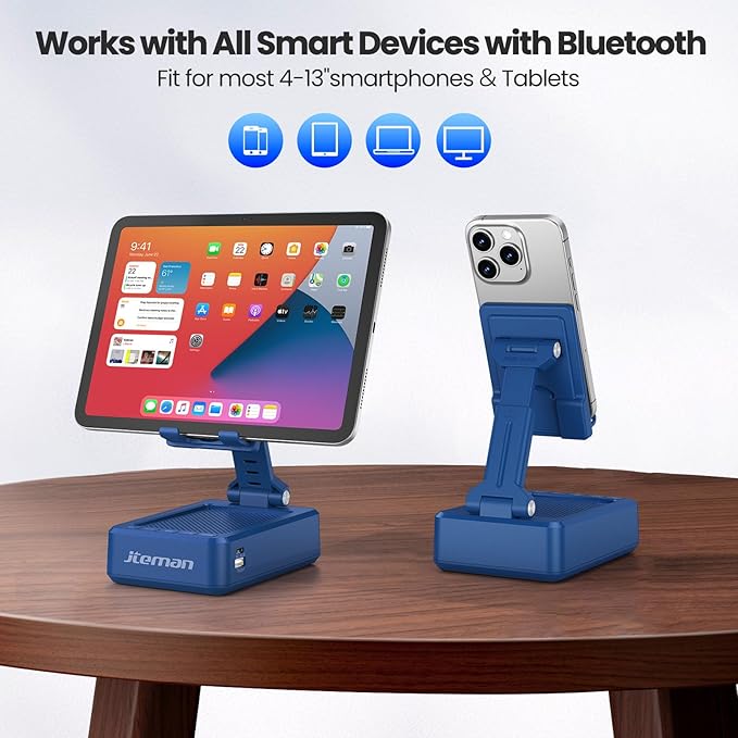 JTEMAN Cell Phone Stand with Bluetooth Speaker,HD Sound Adjustable Phone Holder,Birthday Gifts for Men Women, Cool Tech Kitchen Gadgets for Most Phones and Tablets-Blue