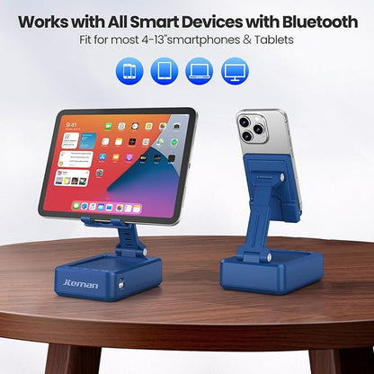 JTEMAN Cell Phone Stand with Bluetooth Speaker,HD Sound Adjustable Phone Holder,Birthday Gifts for Men Women, Cool Tech Kitchen Gadgets for Most Phones and Tablets-Blue