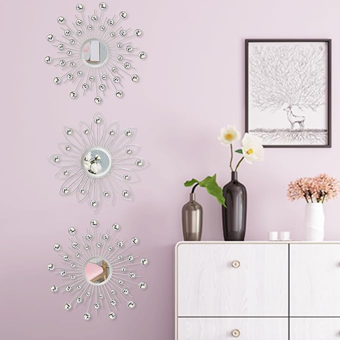 Uaussi 3 Pack Crystal Sunburst Wall Mirror Décor Rhinestone Mirrors Decorative Home Wall Art for Living Room Bedroom Entryway(Flower+Sunburst Silver)