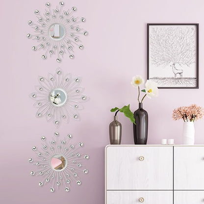 Uaussi 3 Pack Crystal Sunburst Wall Mirror Décor Rhinestone Mirrors Decorative Home Wall Art for Living Room Bedroom Entryway(Flower+Sunburst Silver)