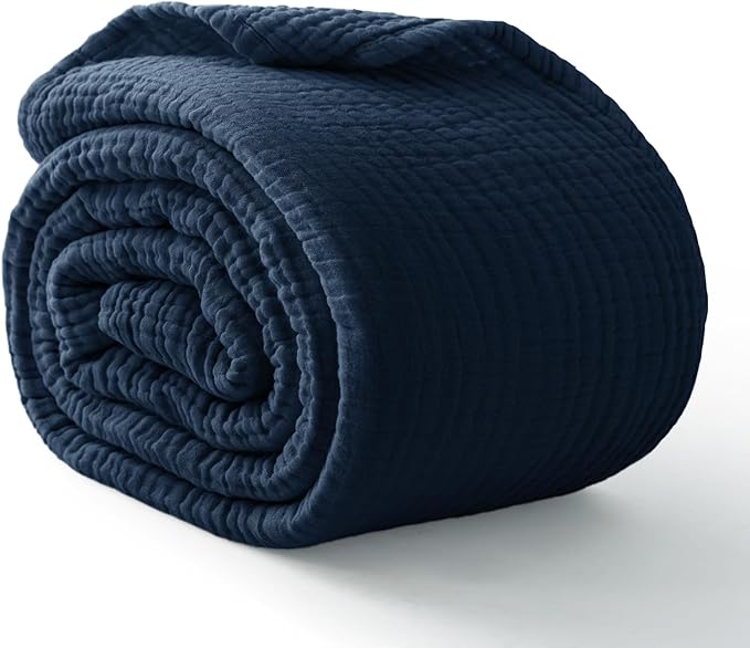 100% Cotton Muslin Blanket 50" x 60", Breathable and Lightweight Cotton Throw Blankets for Couch, Soft Cooling Summer Gauze Blanket for Adults All Season, Navy Blue