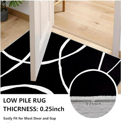 Black and White Rugs, Abstract Rug, Modern Minimalist Rug, Curved Line Design Carpet, Black and White Abstract Rugs Washable Non Slip for Living Room Home Decor 3x5