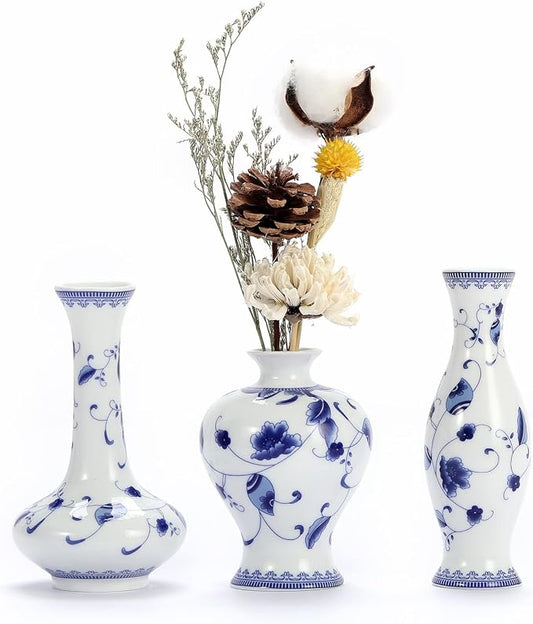 Blue and White Small Bud Vase Set, 3 Petite Classic Oriental Bottle Vases for Window sill, Mini Art Fambe Glaze Floral Porcelain Vase Idea Shelf décor and Coffee Table décor