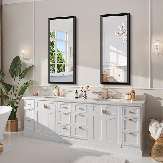 Black Bathroom Mirror 20 x 48 Inch Rectangle Wave Beveled Frame for Wall Bathroom Vanity Mirror for Over Sink, Tempered Glass,for Entryway Hangs, Bathroom Living Room Horizontal or Vertical