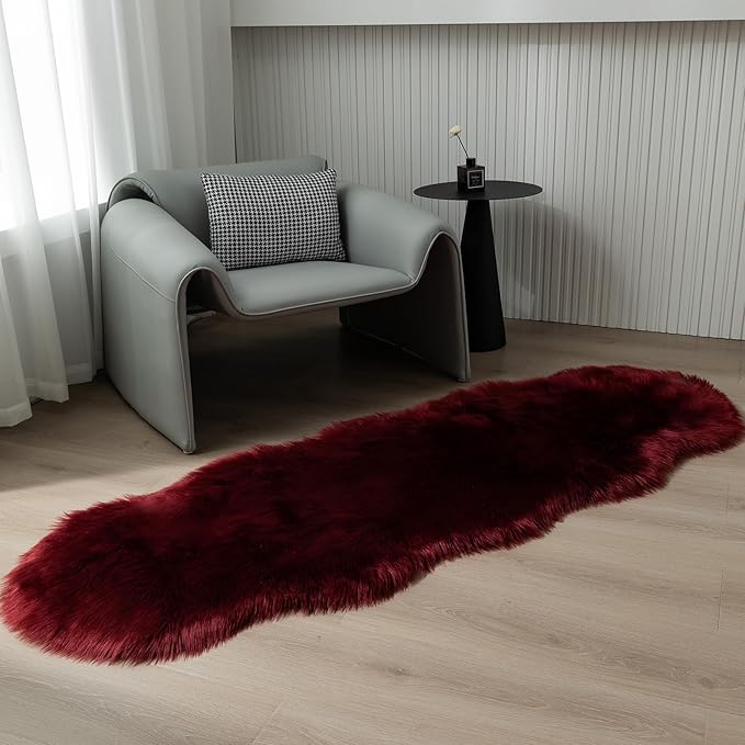 Faux Fur Rug Runner 2x6 ft Burgundy - Machine Washable Super Soft Plush Shaggy Fluffy Area Carpet,Sheepskin Rug Fuzzy Floor Mat for Bedroom, Sofa,Living Room, Bedside, Nursery & Kids Room