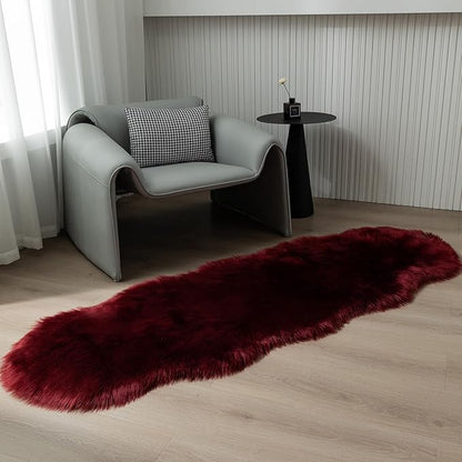 Faux Fur Rug Runner 2x6 ft Burgundy - Machine Washable Super Soft Plush Shaggy Fluffy Area Carpet,Sheepskin Rug Fuzzy Floor Mat for Bedroom, Sofa,Living Room, Bedside, Nursery & Kids Room