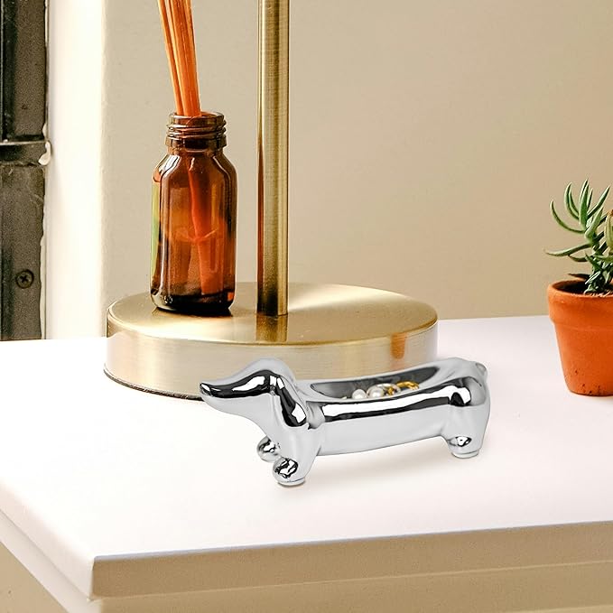 YOBRO Dachshund Ceramic Trinket Tray for Jewelry & Keys - Mini Decorative Dish, Dog Lover Gift, Engagement Ring Organizer (Silver)