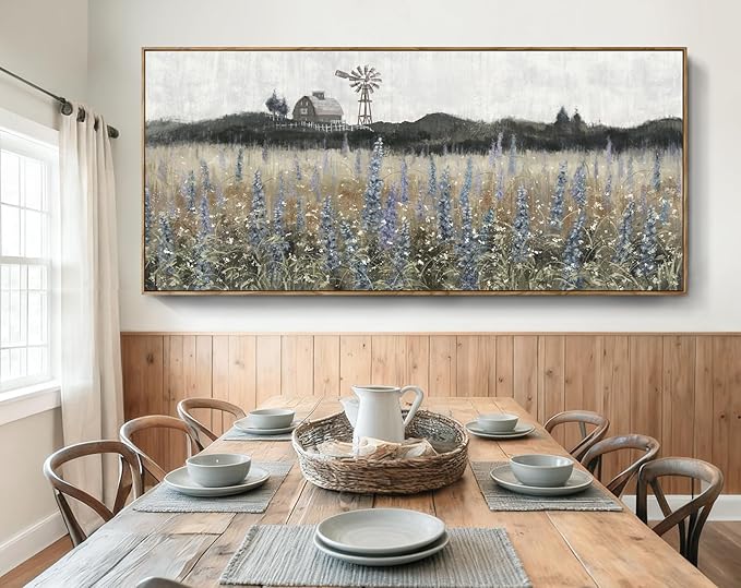 Nicetop Extra Large Vintage Framed Wall Art Nature Wilderness Lavender Flower Meadow Landscape Retro Farmhouse Windmill Barn Wildflower Canvas Print Oversized Artwork for Living Room Office 86x 39inch