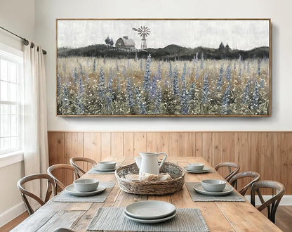 Nicetop Extra Large Vintage Framed Wall Art Nature Wilderness Lavender Flower Meadow Landscape Retro Farmhouse Windmill Barn Wildflower Canvas Print Oversized Artwork for Living Room Office 86x 39inch