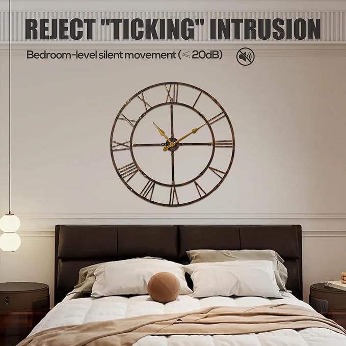 Large Wall Clock for Living Room Decor – 32 Inch Silent Non-Ticking Modern Farmhouse Wall Clock, Oversized Decorative Metal Roman Numeral Clock, Bronze