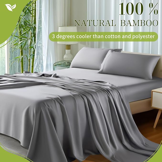 Shilucheng 100% Viscose Derived from Bamboo_ Sheets Full Size 4pcs - Ultra Cooling & Silky Soft Bed Sheets, 16" Deep Pocket, Perfect for Hot Sleepers, Hotel Bedding Sheets (Grey)