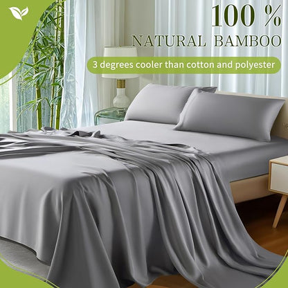 Shilucheng 100% Viscose Derived from Bamboo_ Sheets Full Size 4pcs - Ultra Cooling & Silky Soft Bed Sheets, 16" Deep Pocket, Perfect for Hot Sleepers, Hotel Bedding Sheets (Grey)