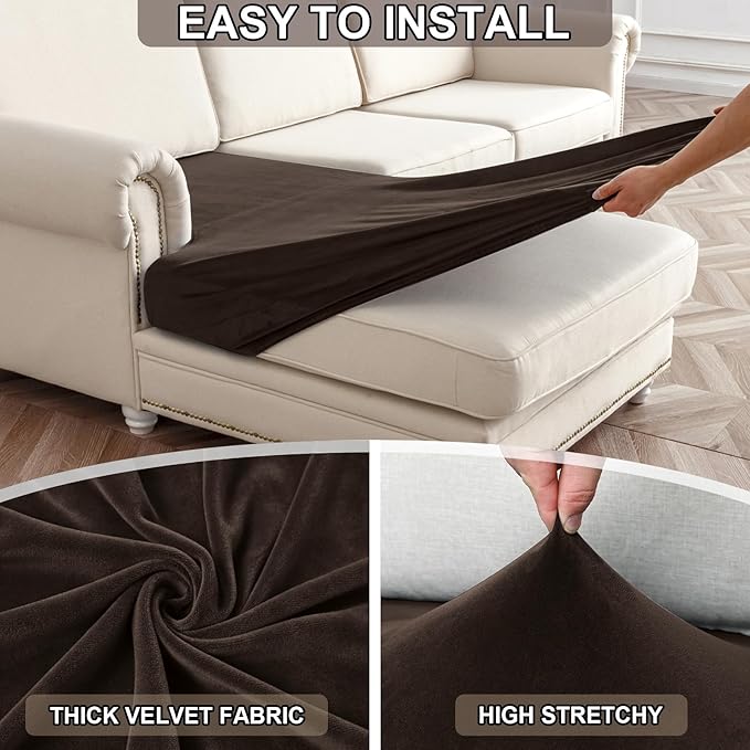 NAISI Waterproof Couch Cushion Covers Thick Velvet Fabric Washable Sofa Slipcovers 1 Piece Individual Sectional Couch Covers with Elastic Bottom(1 PC for 2-Seat Cushion or Loveseat,Coffee)
