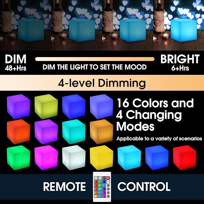 Frienda 4 Pcs Light up Cubes Cool Cosmic Cube Lights 16 Colors LED Mood Lamp Waterproof LED Light Cube for Nursery Home Patio Party Decor (4 Inch)