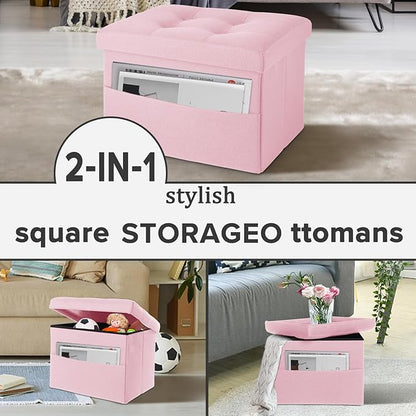 LINMAGCO Storage Ottoman Folding Foot Stool Foot Rest with Side Pocket Modern Ottoman with Storage Short Sofa Stool Linen Cloth 17x13x13(Pink)