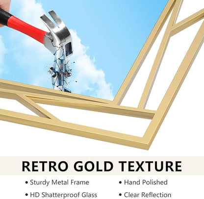 Brushed Gold Bathroom Mirror, 48''X24'' Rectangular Wall Mirrors with Geometric Metal Frame for Bathroom Bedroom Living Room, Hang Horizontally or Vertically